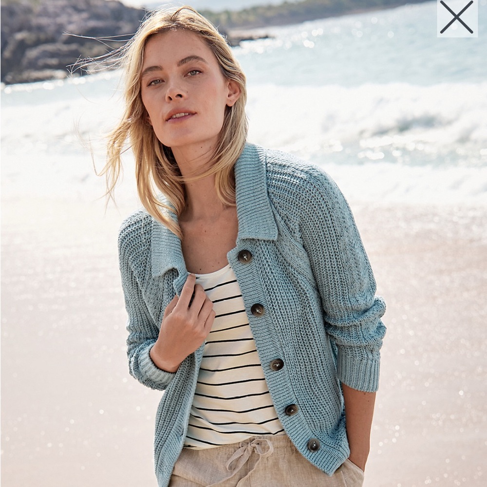 Garnit Hill Linen/Cot Cardigan Sweater XL in Tourmaline Blue w/Tortoise Buttons